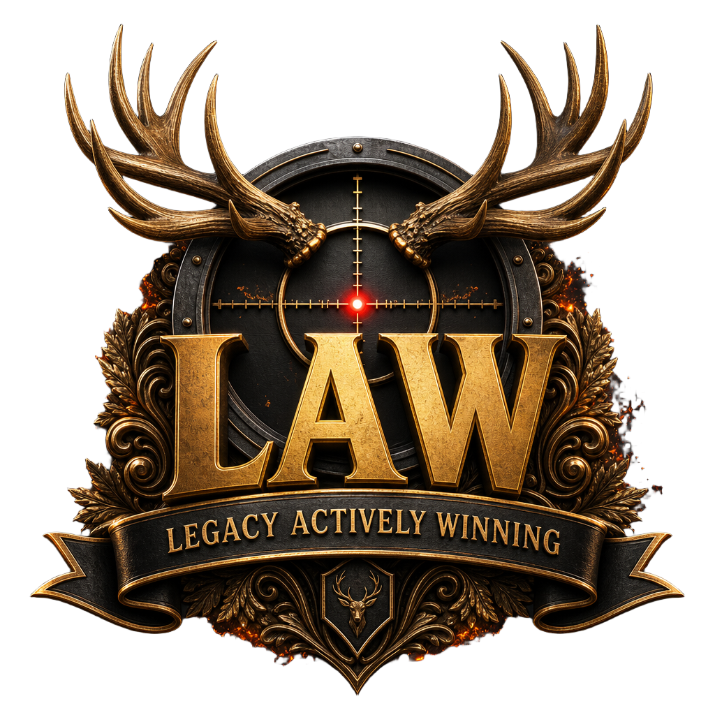 LAW – Legacy Actively Winning emblem with antlers and crosshair